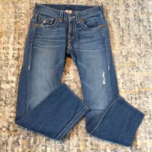 True Religion Blue Boyfriend Jeans with Distressed Details